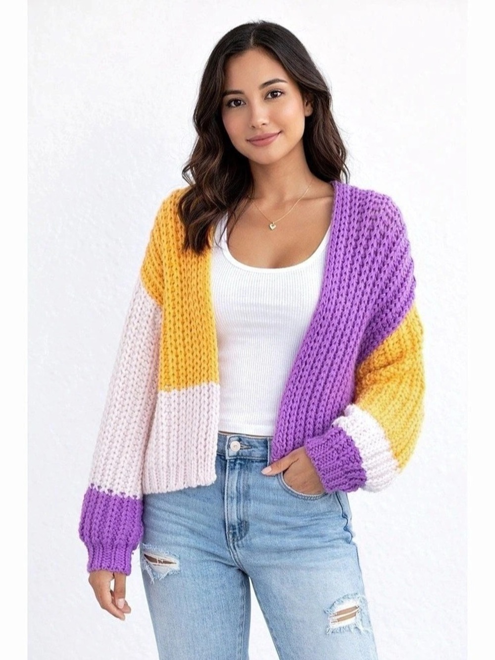 Wild Fable Colorblock Chunky Knit Cardigan Pink & Purple Medium